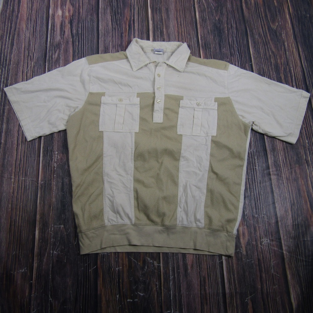 Haband Casual Joe Polo Shirt Mens Large Tan Cream Colorblock Dual Pocket Retro